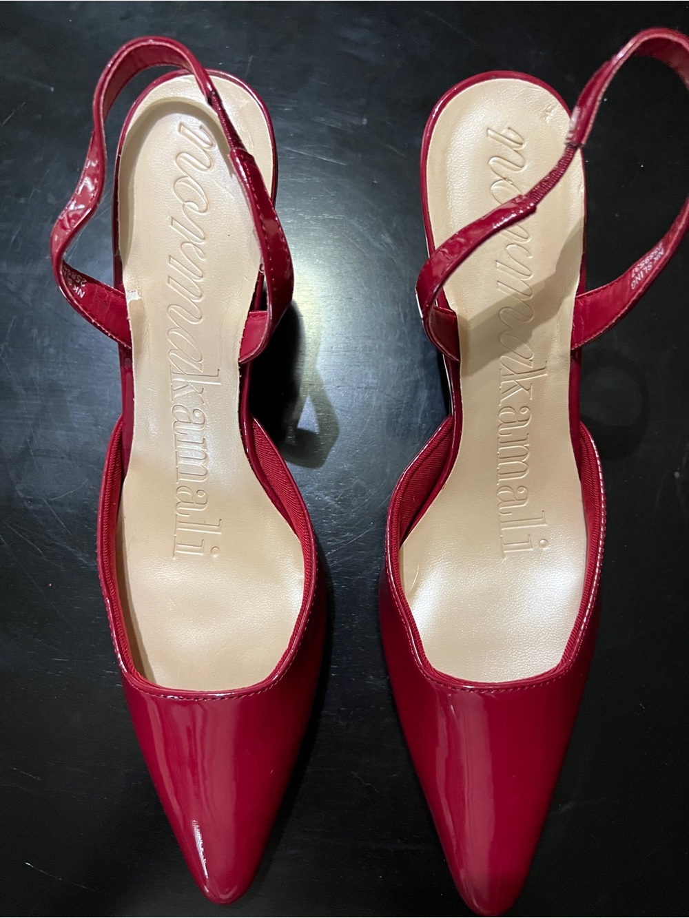 Norma Kamali burgundy red patent 3” heels